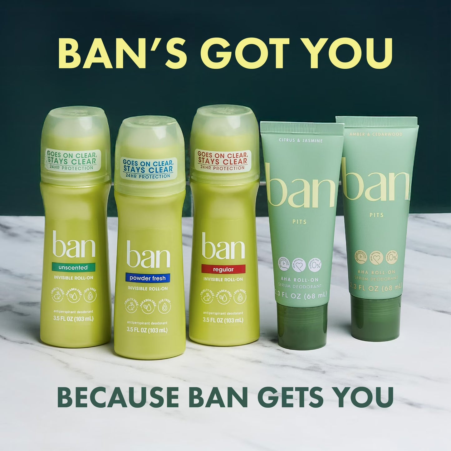 Ban Invisible Roll-On Antiperspirant (Unscented, 2-Pack)