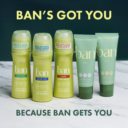 Ban Invisible Roll-On Antiperspirant (Unscented, 2-Pack)